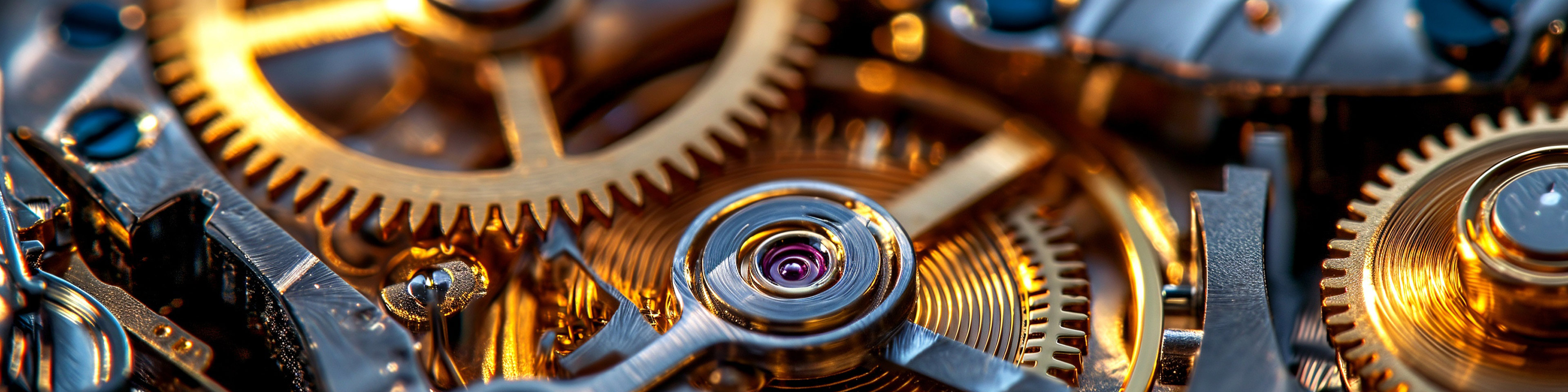 Close-up of the gears and mainspring of a fine mechanical watch movement
